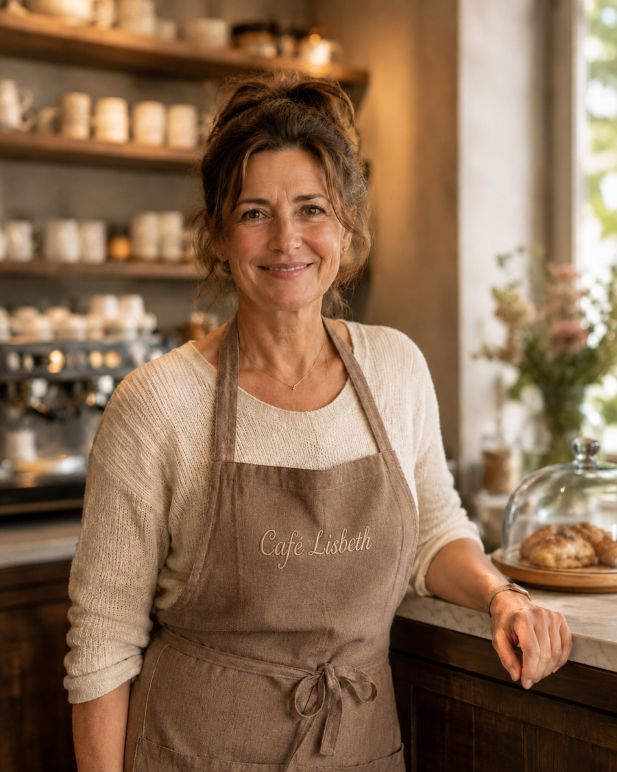 Lisbeth Müller, Inhaberin des Café Lisbeth in Neuruppin, lächelnd in der Kaffeebar