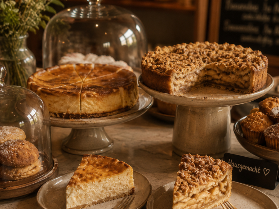 Hausgemachte Kuchen und Torten auf der Theke im Café Lisbeth — Käsekuchen, Apfelkuchen mit Streuseln und frische Kuchenstücke